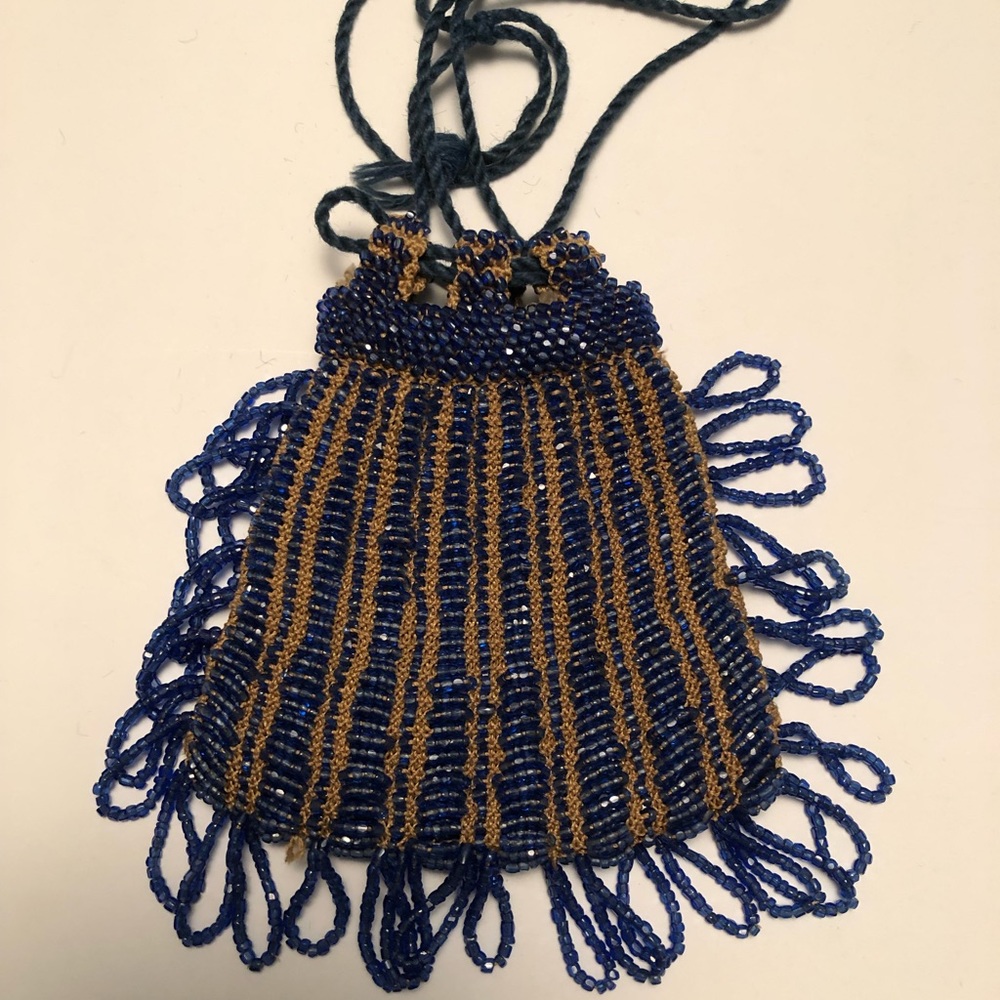 Crochet Beaded Purse Drawstring Bag Handmade Sack Unique Vintage Blue